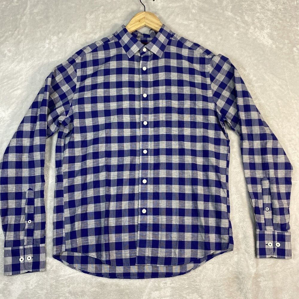 UNTUCKit Long Sleeve Shirt Mens Medium Blue Gray Check Plaid‎ Cotton Linen Blend